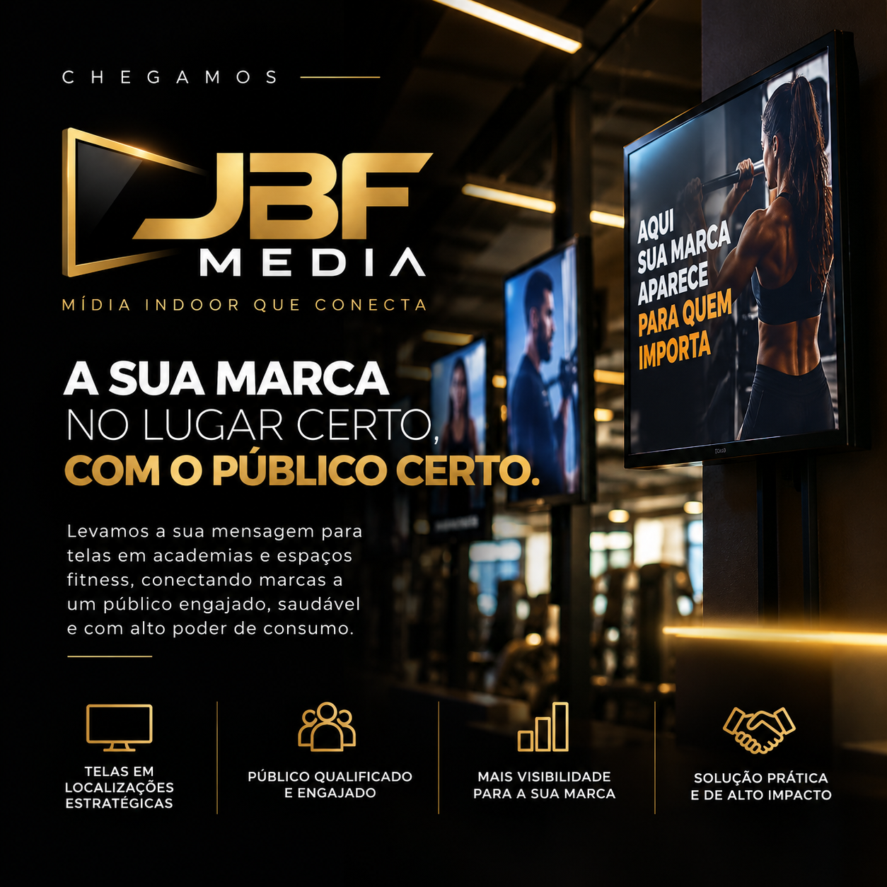 Conceito visual JBF Media em ambiente fitness com telas digitais